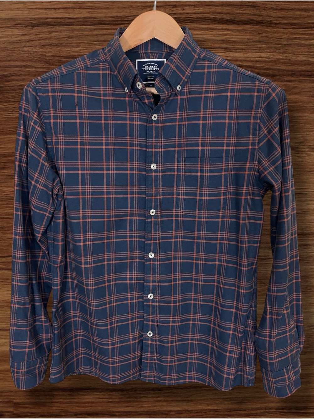 Charles Tyrwhitt Navy & Brown Plaid Twill Button Down Shirt Slim Fit Medium - Picture 2 of 4